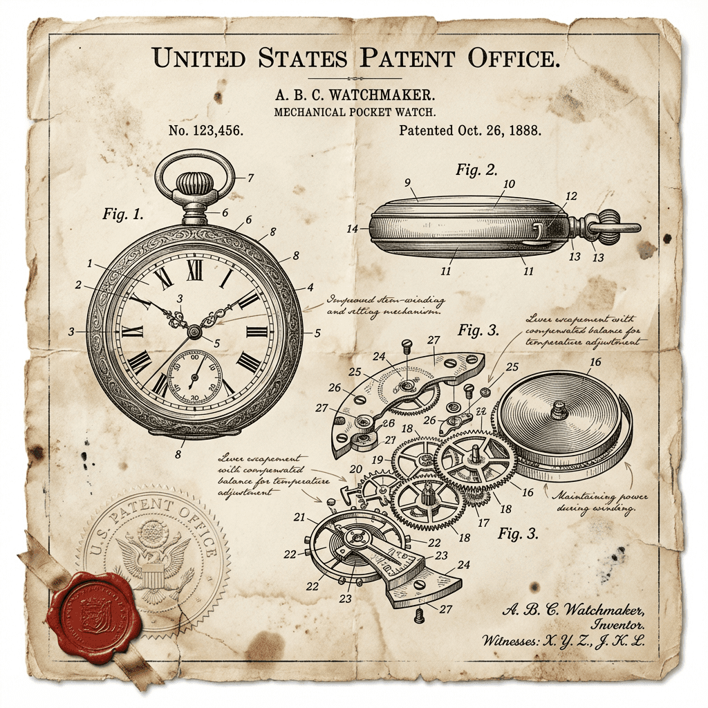 Vintage Patent Document - Mechanical pocket watch blueprint