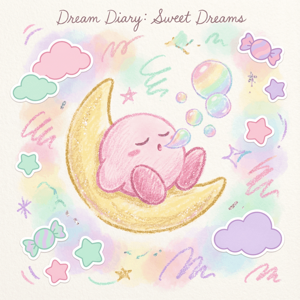 Dream Diary - Kirby sleeping on a star with rainbow bubbles