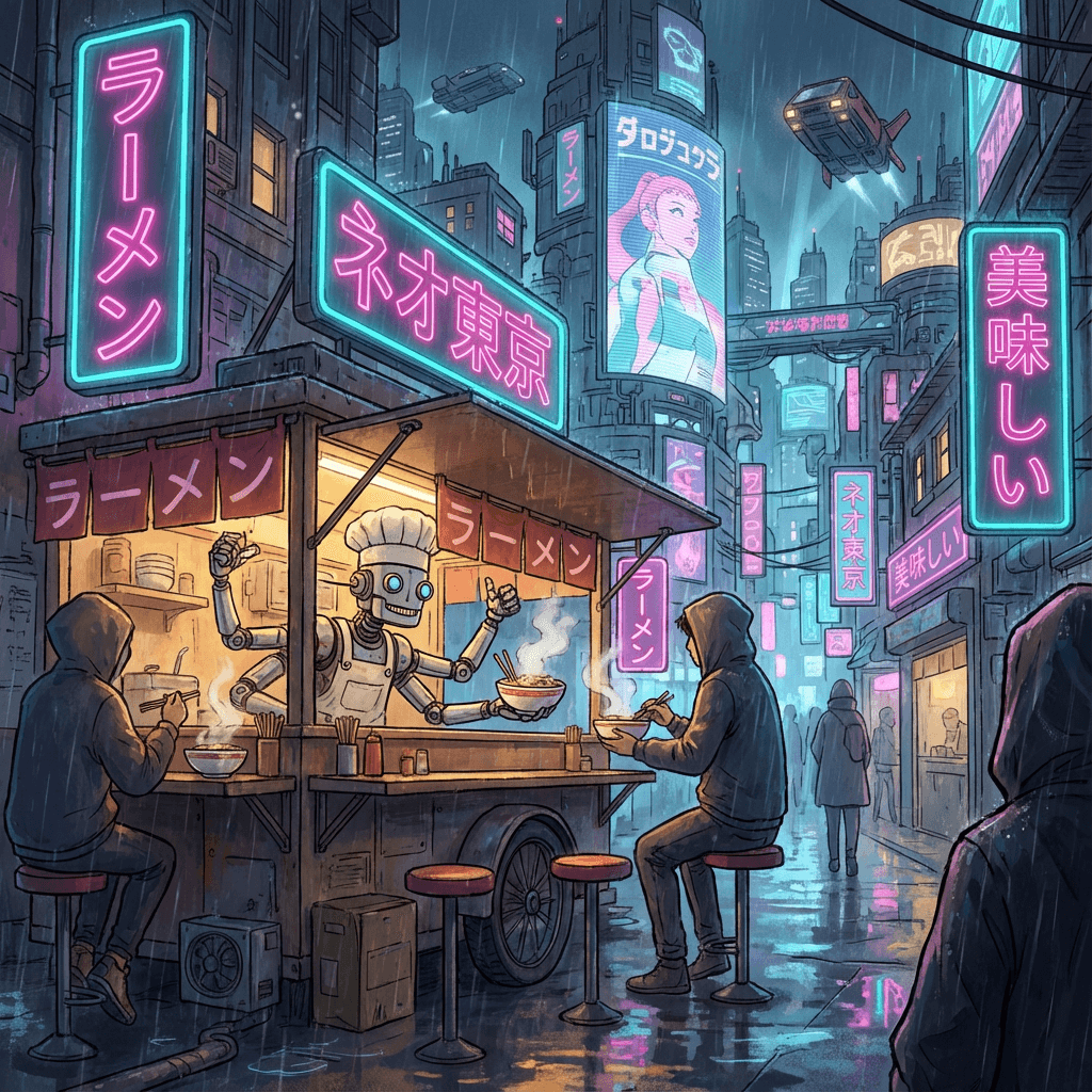 Cyberpunk Ramen - Neo Tokyo street food vendor at night