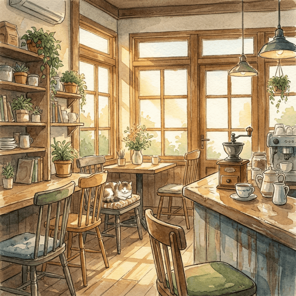 Watercolor Cafe - Cozy Japanese cafe interior with cat