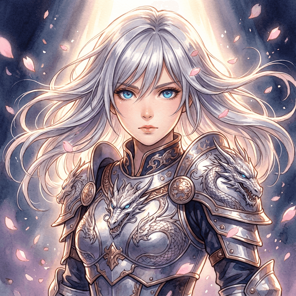Anime Warrior - Silver-haired female warrior with cherry blossoms