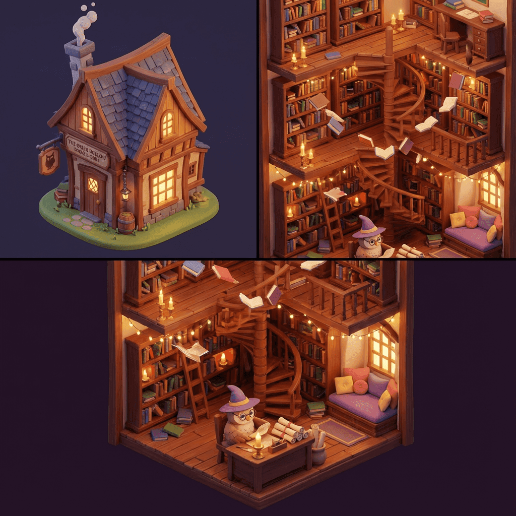 Magical Bookshop - Isometric 3D floating books and owl librarian