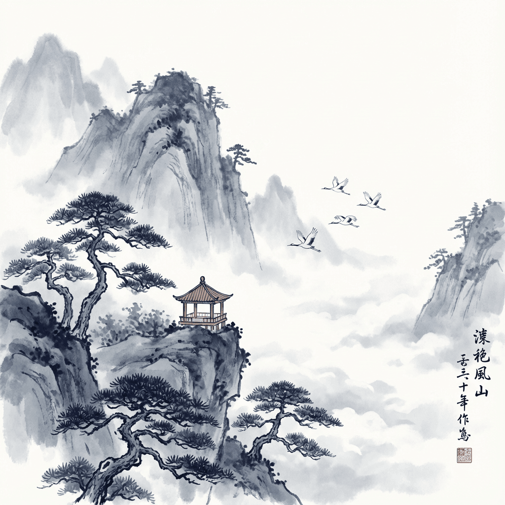 Chinese Ink Painting - Misty mountains with pavilion