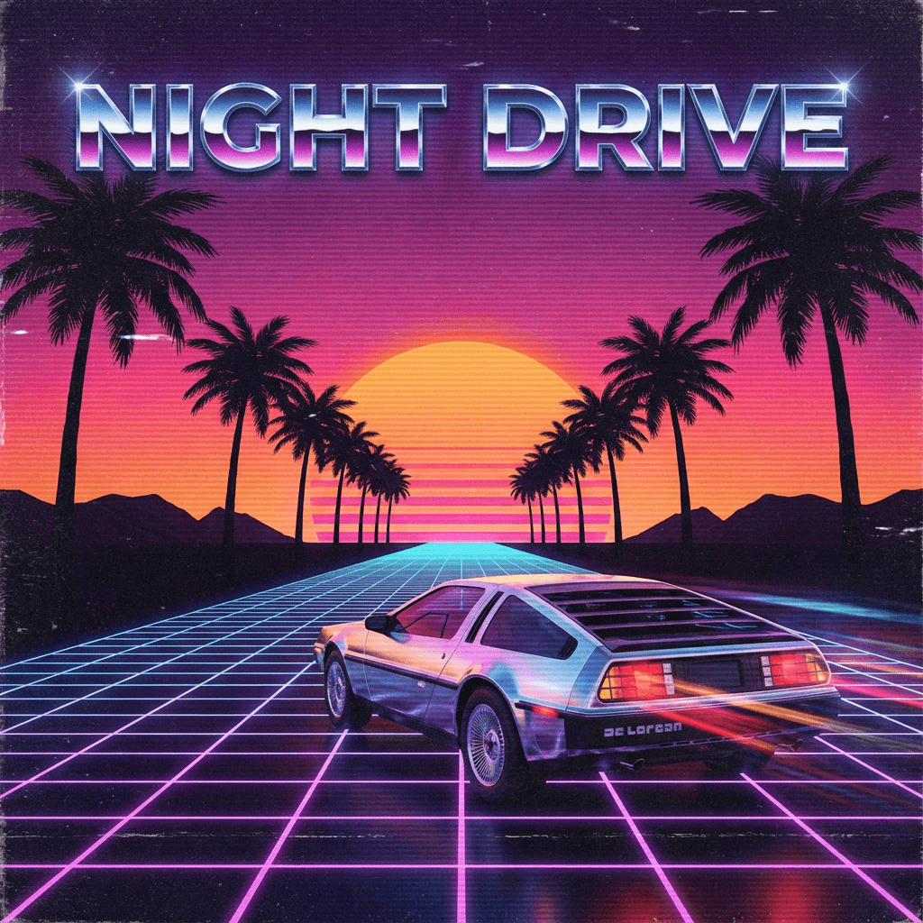 Synthwave Poster - 80s retro neon grid with sports car